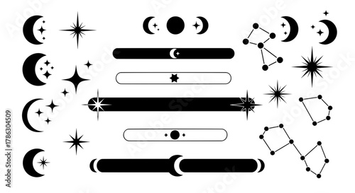 A collection of black and white vector icons with a mystical celestial theme. Includes stars, moons, constellations, and banners for logos or decorations.