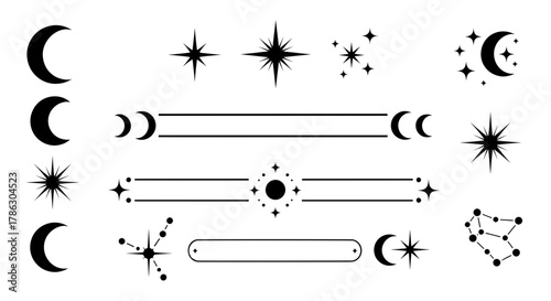 A collection of mystical celestial design elements. Vector icon set with stars, crescent moons, constellations, and dividers for logos or spiritual decorations.