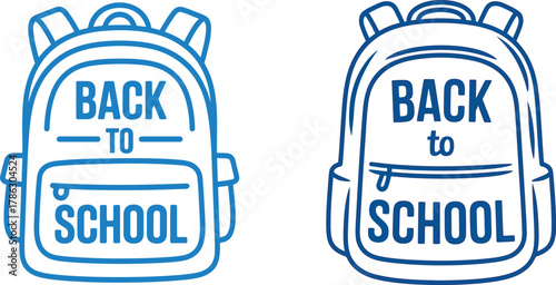 Two hand drawn blue backpacks with back to school text on white background