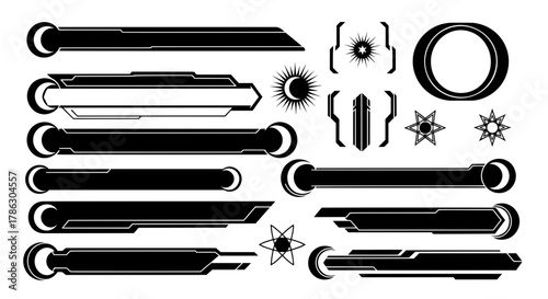 Collection of futuristic tech banners, title bars, and celestial icons. Black and white vector set for sci-fi game UI, HUD, or stream overlays.