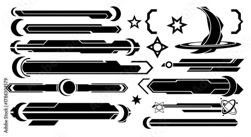Collection of futuristic and celestial inspired title bars, lower thirds, and banners. Vector icon set for sci-fi game UI, HUD, and stream overlays.