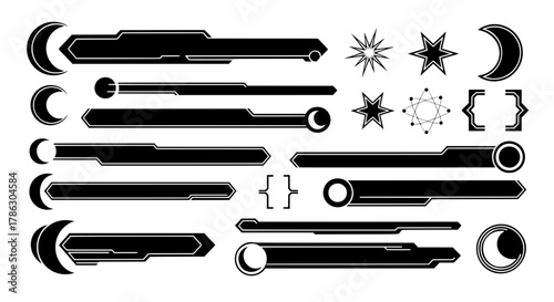 Collection of black and white vector icons. Sci-fi and celestial themed title bars, banners, and lower thirds for futuristic game UI, HUD, or stream overlays.