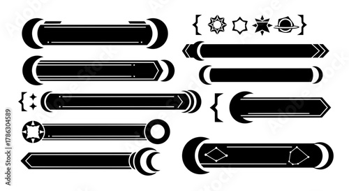 Set of black and white vector icons. Sci-fi and fantasy themed title bars, banners, and lower thirds for futuristic game UI, HUD, or streaming overlays.