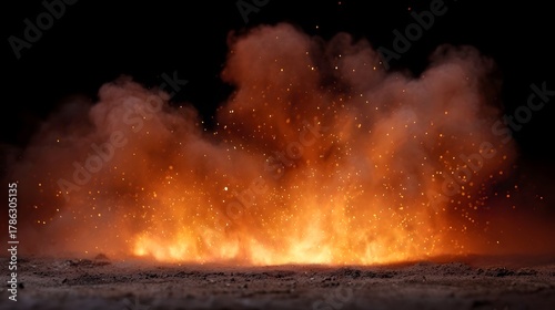 A dramatic explosion of intense fire with glowing sparks and billowing smoke against a dark background
