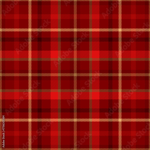 Red plaid seamless pattern. Repeated gold check ekose. Repeating checker fabric for design prints plaids. Checks square line. Tartan repeat textile. Vichi cloth. Scottish flannel. Vector illustration