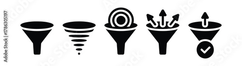 Five Black Funnel Icon Variations Depicting Data Processing and Workflow Concepts on White