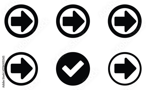 Black Circle Arrow And Checkmark Icon Set Isolated On White Background Illustration