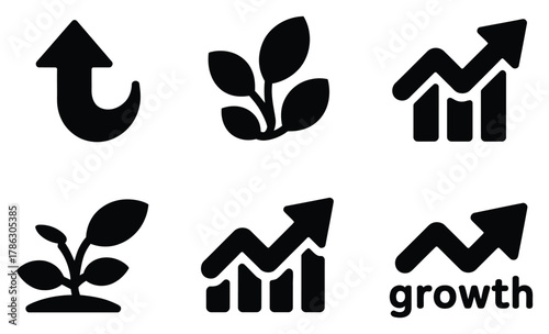 Growth Icons Arrow, Plant, and Business Chart Symbols on White Background