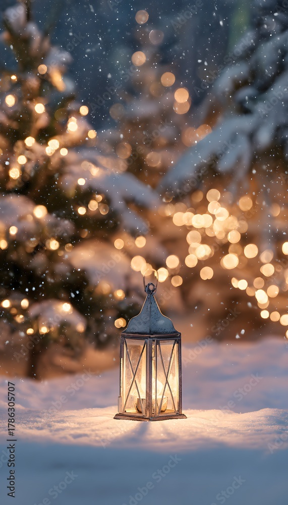 Fototapeta premium Peaceful winter evening glows with Christmas lantern lights on snow covered ground