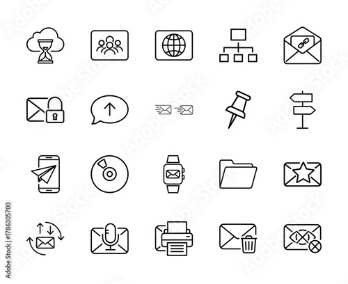 Communication and technology line icon set. Vector pictograms of cloud data, user group, globe, network, email, smartphone, smartwatch, and printer, thin linear illustration.