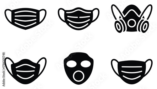 Black Icons Depicting Different Types of Protective Face Masks on a White Background