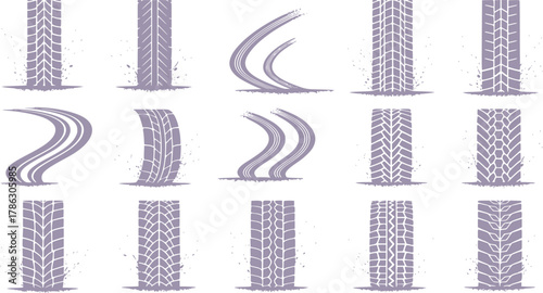 Tire tread marks, drift, motorsport, motocross, rally, tread mark with skid, grinding, splash effect. Graphic set of tire treads, wheel texture, car racing. Vector collection, wheel treads on asphalt