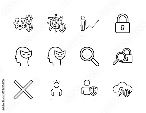 Cyber security and data protection line icon set. Vector pictograms of gears, network, padlock, identity mask, user growth, idea, and cross mark, thin linear illustration.