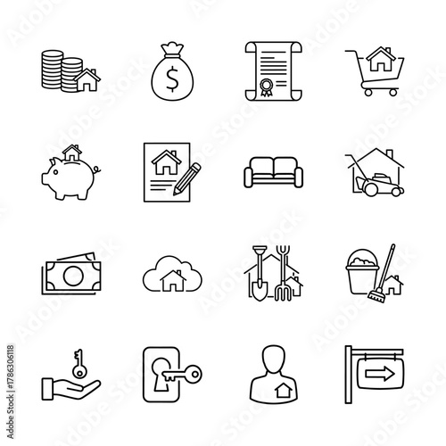 Real estate and property line icon set. Vector pictograms of houses, money, contracts, shopping cart, savings, keys, tools, person, and signpost, thin linear illustration.