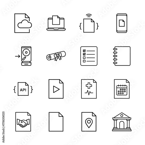 Document and data line icon set. Vector pictograms of cloud, laptop, code, mobile, server, diploma, checklist, notebook, API, video, contract, location, and bank, thin linear illustration.