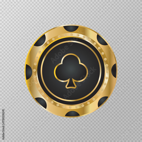 Gold and black  poker chips with diamonds on transparent background. Gambling token with suit for poker and casino. Clubs. Design for advertising, games, casino,  posters. Vector illustration.