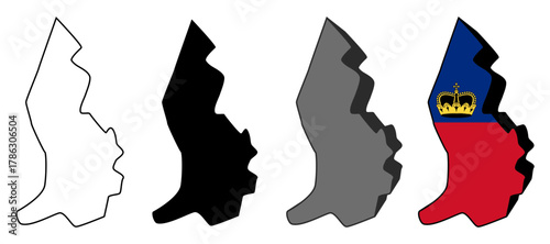 set vector Liechtenstein flag in map icon. Detailed Liechtenstein map silhouette. 3D isometric Liechtenstein  map symbol design template illustration