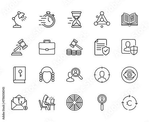 Legal and business investigation line icon set. Vector pictograms of gavel, briefcase, document, hourglass, book, search, hacker, and security, thin linear illustration.