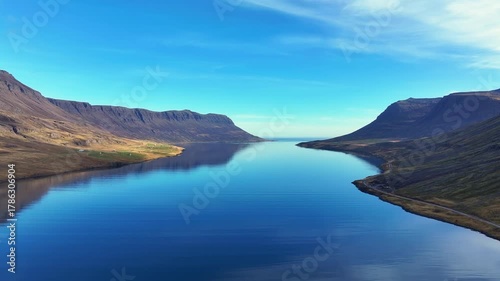 Aerial view of the scenery in a fjord of Iceland