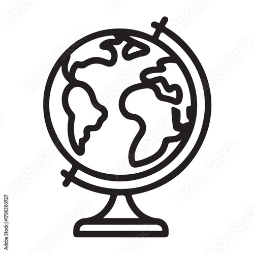 A simple black and white illustration of a globe isolated on white background is presented in a graphic design