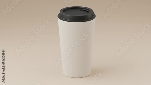 Minimalistic white coffee cup with black lid on a soft beige background, ideal for beverage photography