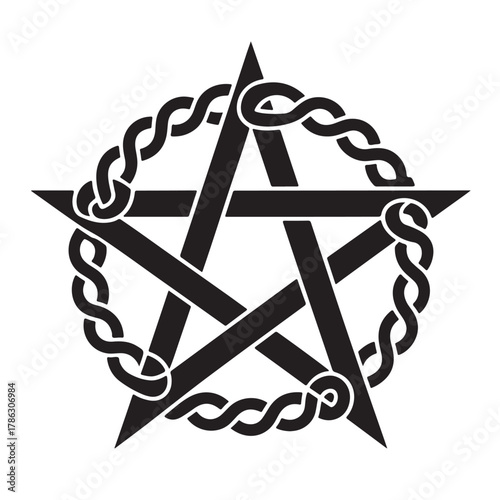 A black pentagram encircled by a celtic knot isolated on white background is presented in a striking graphic design