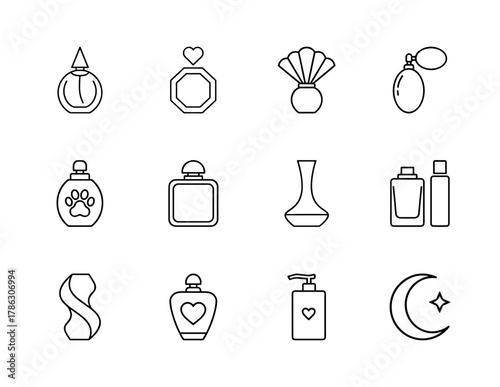 Fragrance and beauty line icon set. Vector pictograms of various perfume and cosmetic bottles, an atomizer, a pump dispenser, pet care product, and moon symbol, thin linear illustration.