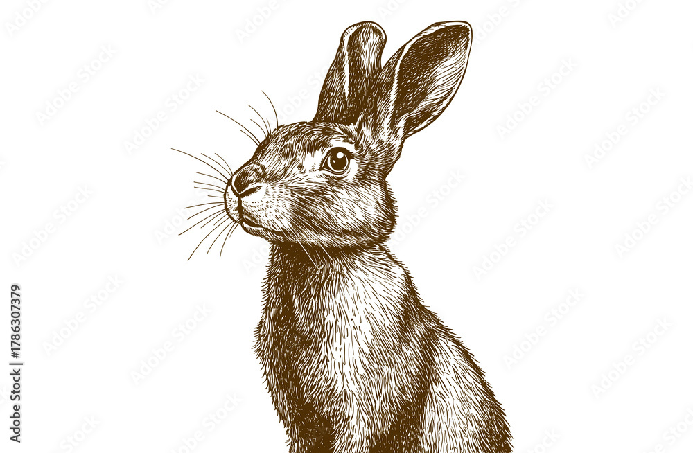 Naklejka premium Hare, rabbit, sketch. Vintage retro print, wild hare, farm rabbit sketch ink pencil style drawing, linear drawing, engrave old school. Sketch artwork silhouette wild hare, farm rabbit. Illustration