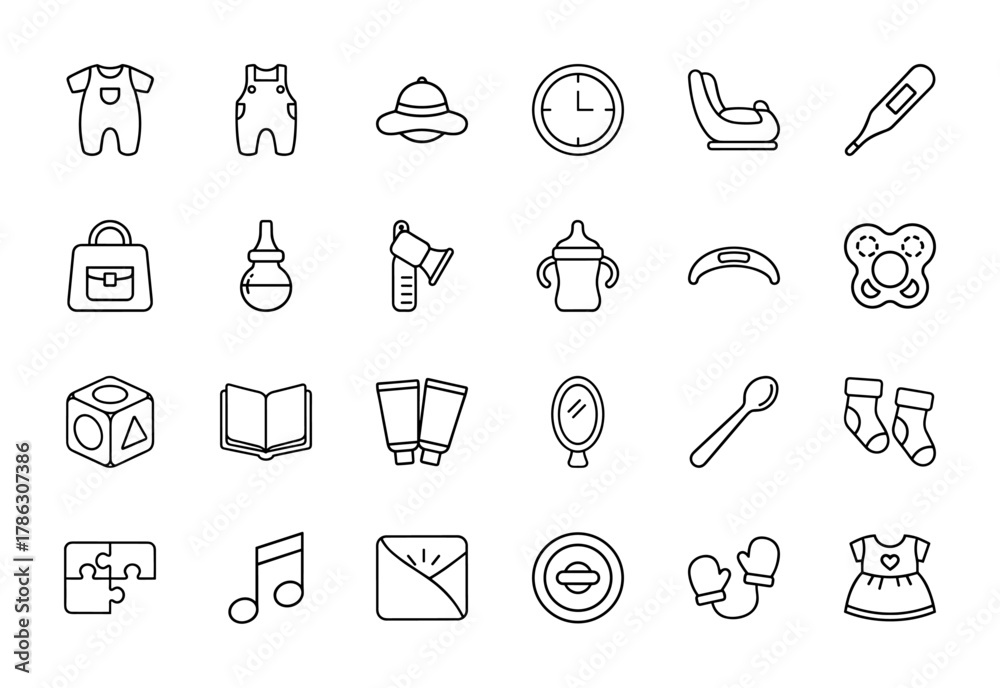 Naklejka premium Childcare and baby products line icon set. Vector pictograms of infant clothing, nursery items, toys, and care essentials, thin linear illustration.