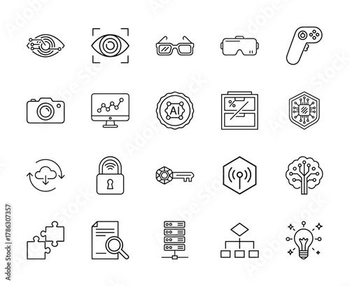 Technology line icon set. Vector pictograms of cyber eye, VR headset, game controller, AI chip, cloud sync, data security, neural network, server, and idea lightbulb, thin linear illustration.