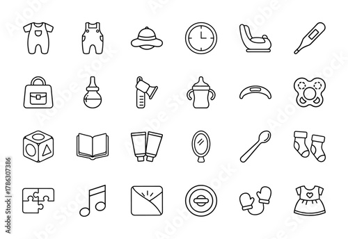 Childcare and baby products line icon set. Vector pictograms of infant clothing, nursery items, toys, and care essentials, thin linear illustration.