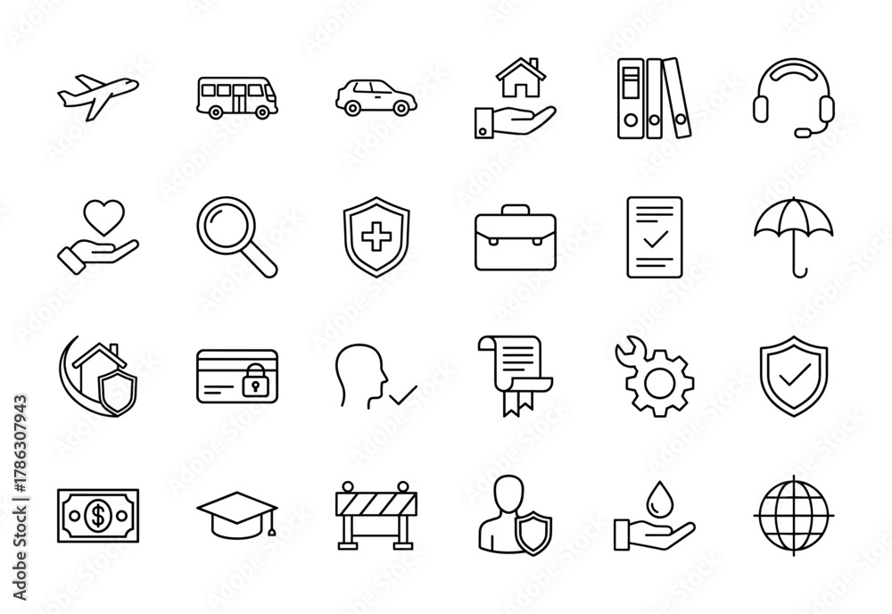 Fototapeta premium Insurance line icon set. Vector pictograms of an airplane, car, house, shields, money, credit card, umbrella, briefcase, and wrench, thin linear illustration.