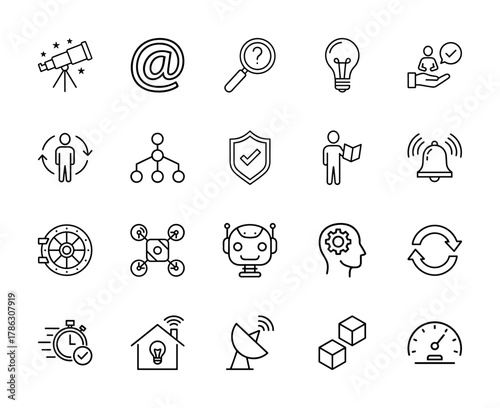 Digital technology and data line icon set. Vector pictograms of telescope, at-sign, magnifying glass, lightbulb, robot, smart home, satellite, cubes, and speedometer, thin linear illustration.