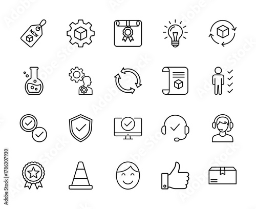 Business and process management line icon set. Vector pictograms of new tag, gears, lightbulb, flask, checklist, shield, headset, thumbs up, and package, thin linear illustration.