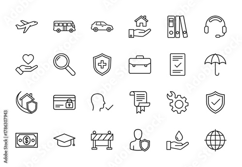 Insurance line icon set. Vector pictograms of an airplane, car, house, shields, money, credit card, umbrella, briefcase, and wrench, thin linear illustration.