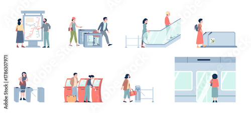 People in subway. Turnstile entrance and automated control system, bying tickets, looking on map. Male female travel with train, recent vector scenes