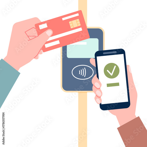 Hand with transport card. Human buy public transport ticket or parking with phone. Contactless payment validator terminal in bus metro, recent vector concept