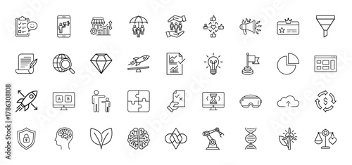 Modern business and technology icon set. Vector pictograms of digital marketing, analytics, innovation, social media, cybersecurity, AI, and sustainability, thin linear illustration.