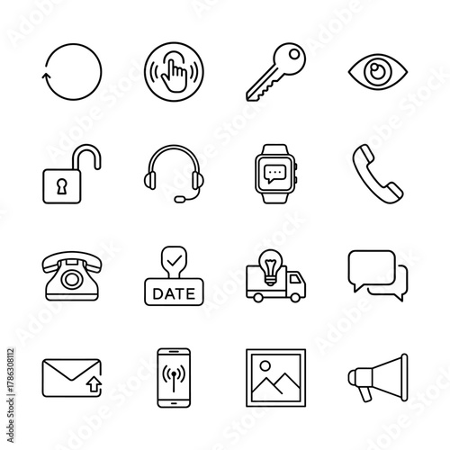 User interface and communication icon set. Vector pictograms of key, eye, padlock, headset, smartwatch, phone, delivery, chat, mail, and megaphone, thin linear illustration.