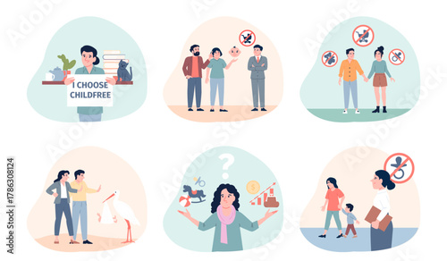 Childfree characters. Men women want children, free couple. Imposition of public opinion on childbearing, social pressure, recent vector scenes