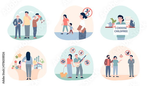 Childfree people. Choice to be child free human. Couple and single characters choose career, freedom, financial and work success, social recent vector scenes