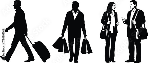 Business people silhouette vector set, man walking with suitcase, shopping bags, talking colleagues, professional lifestyle illustration, travel and communication concept