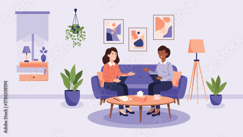 Vector illustration of two people talking in a living room on a couch