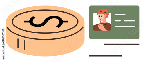 Coin with dollar sign beside identification card representing finance and identity themes. Ideal for banking, security, employment, identity management, fintech, personal data, commerce. Simple flat