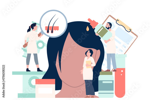 Alopecia diagnosis concept. Doctors examine scalp and offer treatment and drops. Medical health care for hair and beauty, recent vector scene