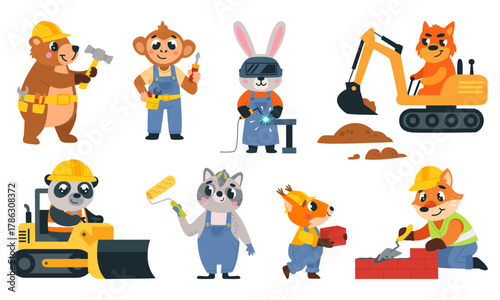 Cartoon animal builders. Animals in uniforms and helmets work at construction site. Welder and bricklayer, painter, carpenter and general laborer classy vector set