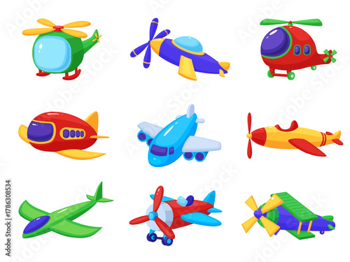 Cartoon toy planes. Plastic airplanes and helicopters, children flying toys with propellers. Various air transport with wings, nowaday vector clipart