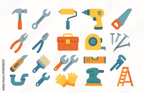 Flat Construction Tools Icons Set — Hand Tools, Power Tools, and Building Equipment