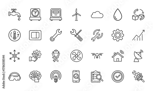 Industrial technology line icon set. Vector pictograms of water tap, meter, wind turbine, wrench, gear, drone, smart home, AI brain, smartphone, thin linear illustration.