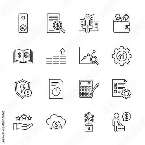 Business and finance line icon set. Vector pictograms of audit reports, investment, wallets, growth charts, calculators, and secure transactions, thin linear illustration.